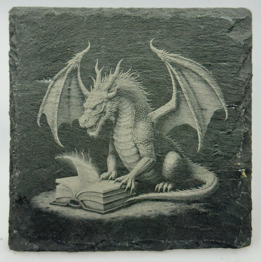 Dragon with Ancient Book Slate Coaster – Scholarly Fantasy Dragon