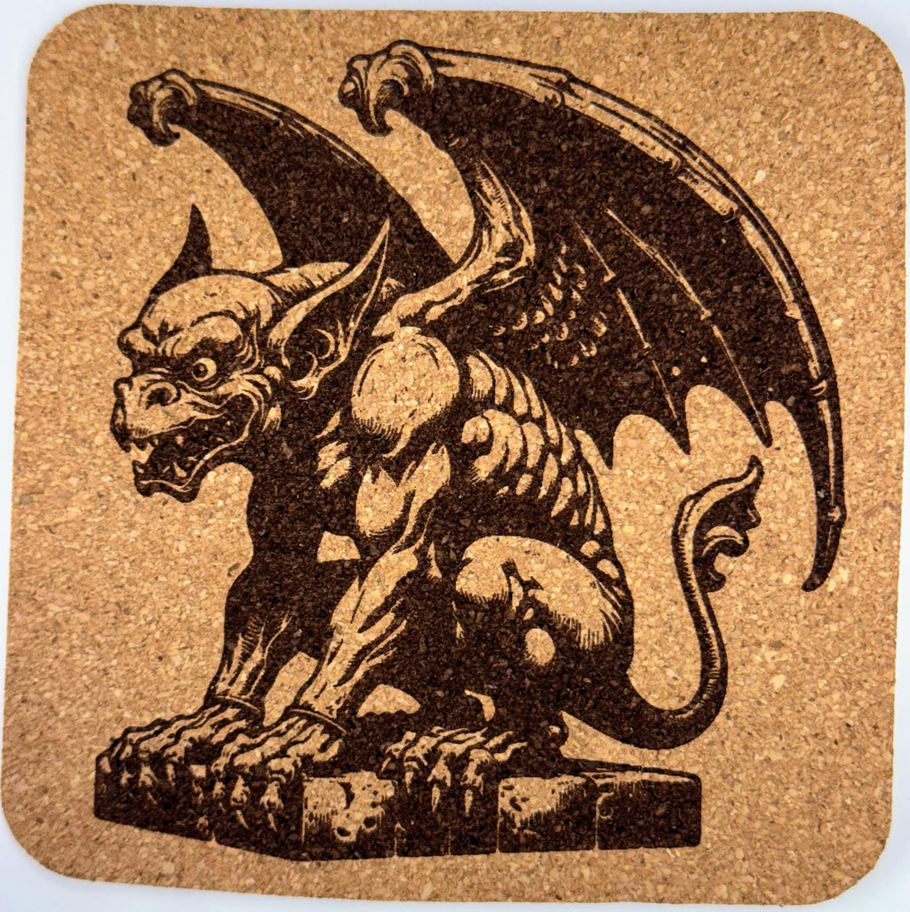 Watchful Winged Gargoyle on Pedestal – Gothic Cork Coaster