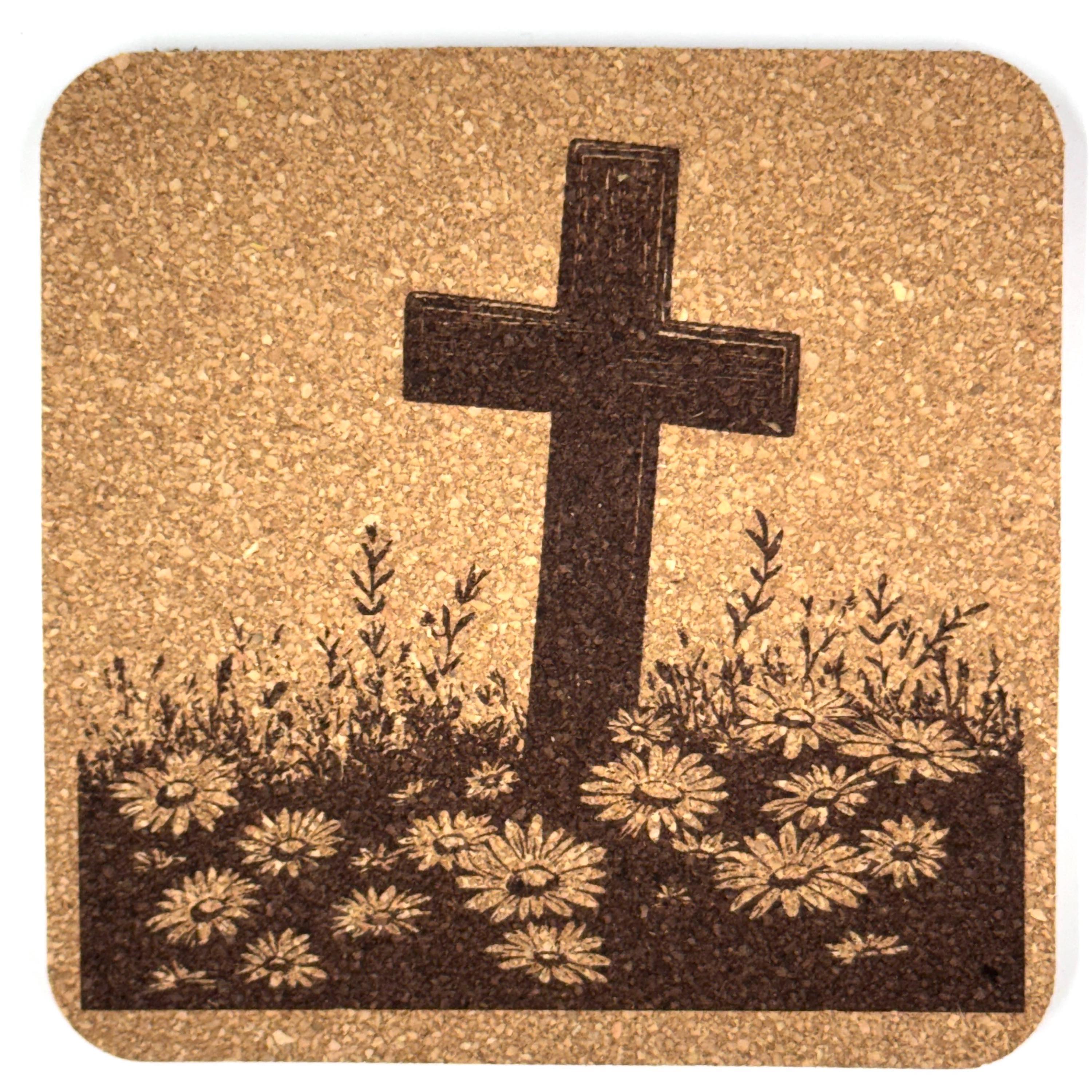 Daisy Meadow Cross Laser Engraved Cork Coaster