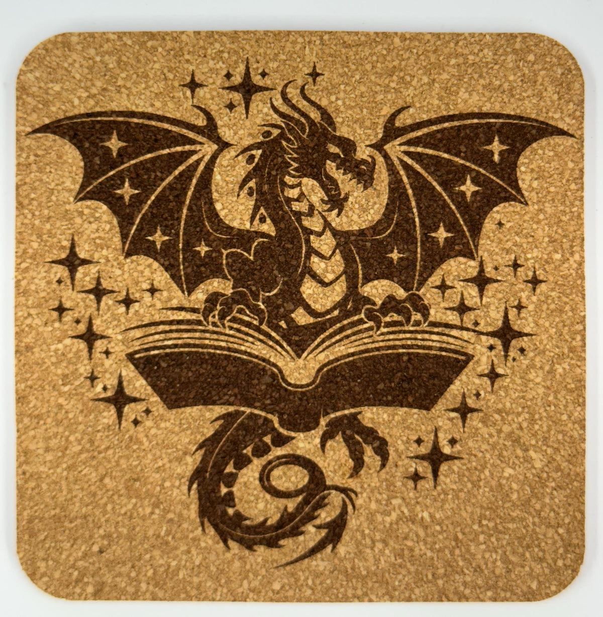 Dragon Emerging from an Open Spellbook – Fantasy Cork Coaster