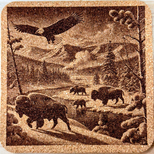 Yellowstone Wildlife Valley Cork Coaster – Bison & Eagle National Park Art
