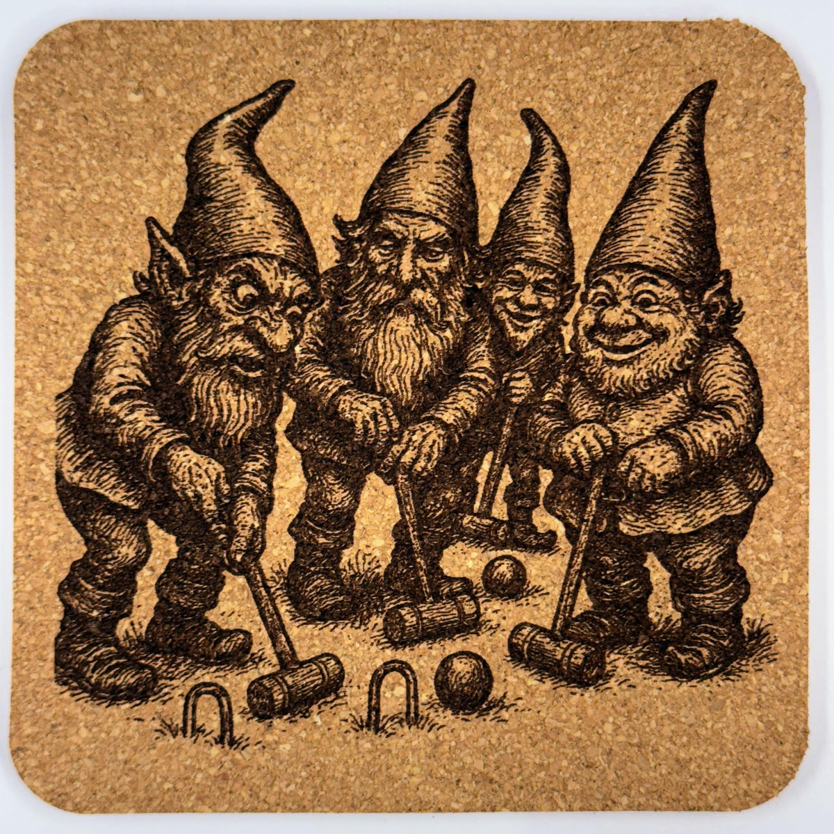 Gnome Croquet Game Cork Coaster – Whimsical Garden Gnome Art
