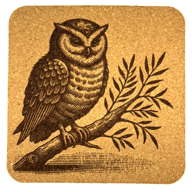 Botanical Owl Artwork Cork Coaster – Vintage Wildlife Design