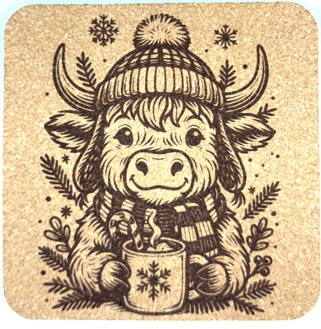 Cozy Highland Cow Cork Coaster – Winter Beanie & Cocoa Art