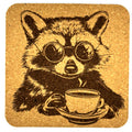 Coffee Loving Raccoon Cork Coaster – Cute Woodland Animal Bar Decor