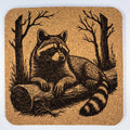 Relaxed Raccoon Lounging on a Log – Engraved Cork Coaster