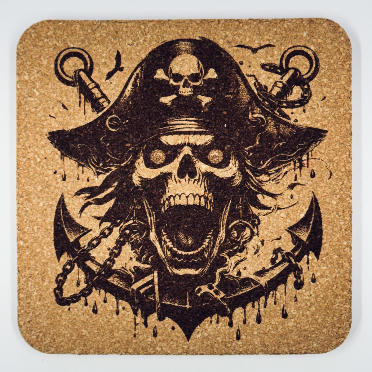 Screaming Pirate Skull Cork Coaster – Dark Nautical Bar Decor