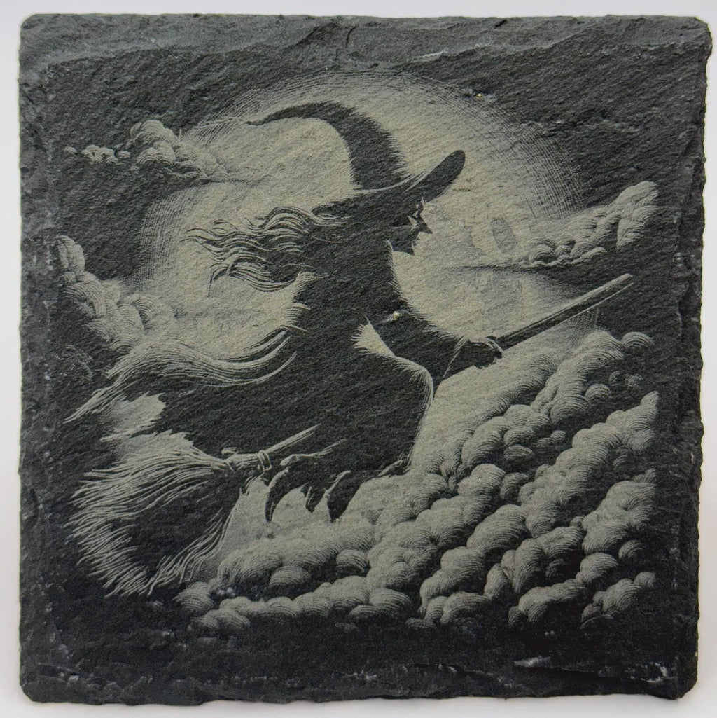 Witch Flying Through Moonlit Clouds – Laser Engraved Slate Coaster