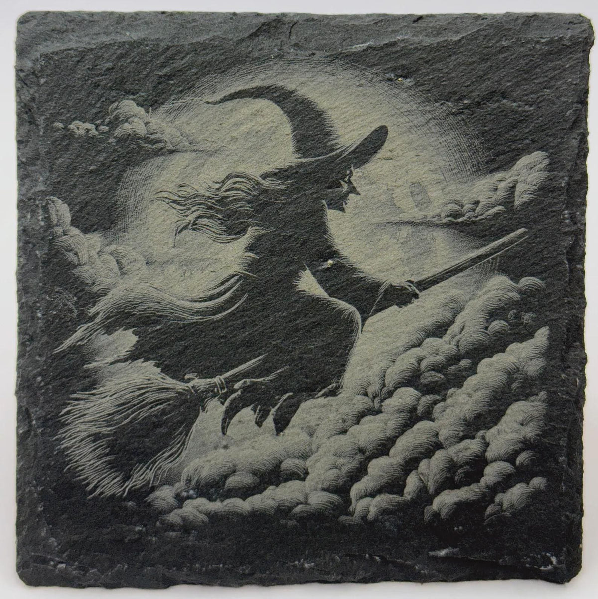 Witch Flying Through Moonlit Clouds – Laser Engraved Slate Coaster