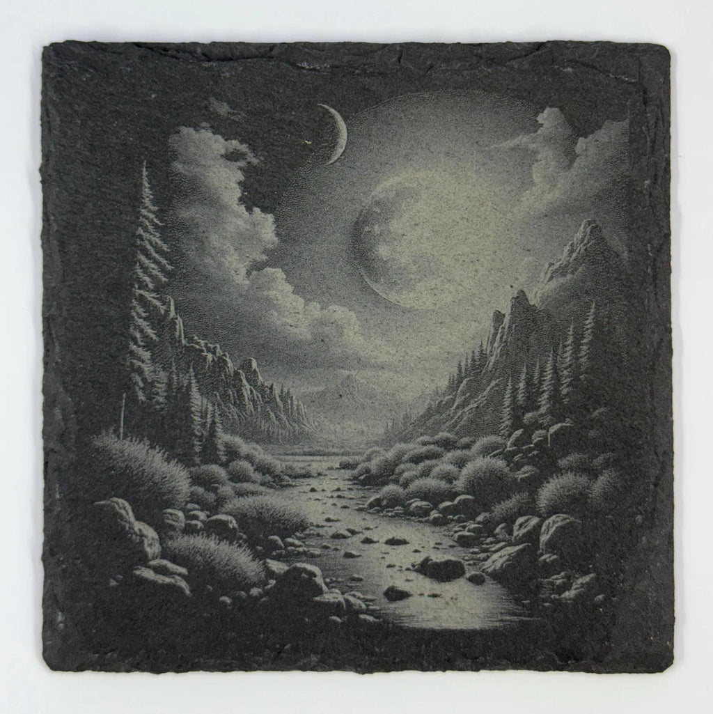 Moonlit Mountain Stream – Night Forest Landscape Laser Engraved Slate Coaster