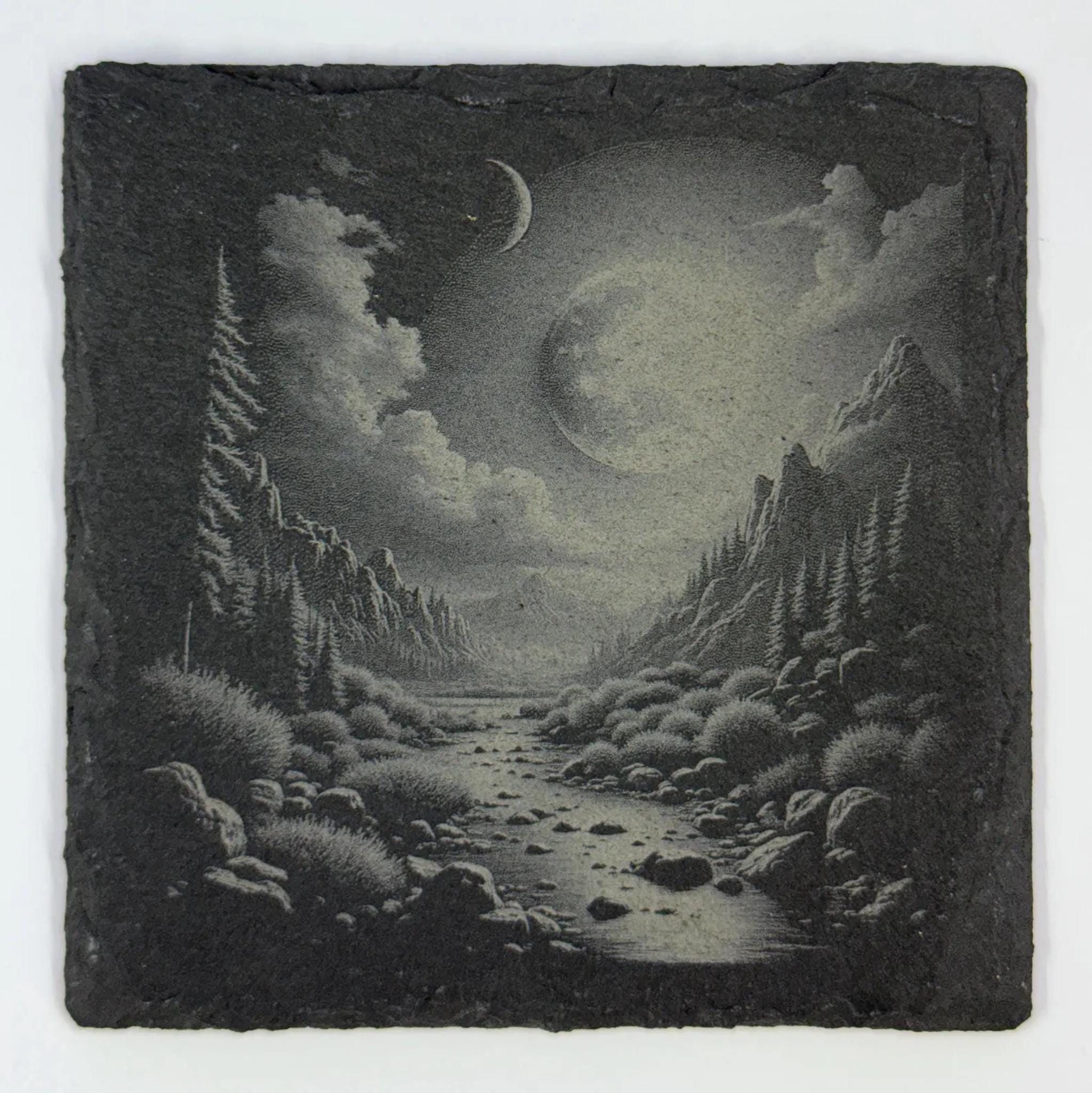 Moonlit Mountain Stream – Night Forest Landscape Laser Engraved Slate Coaster