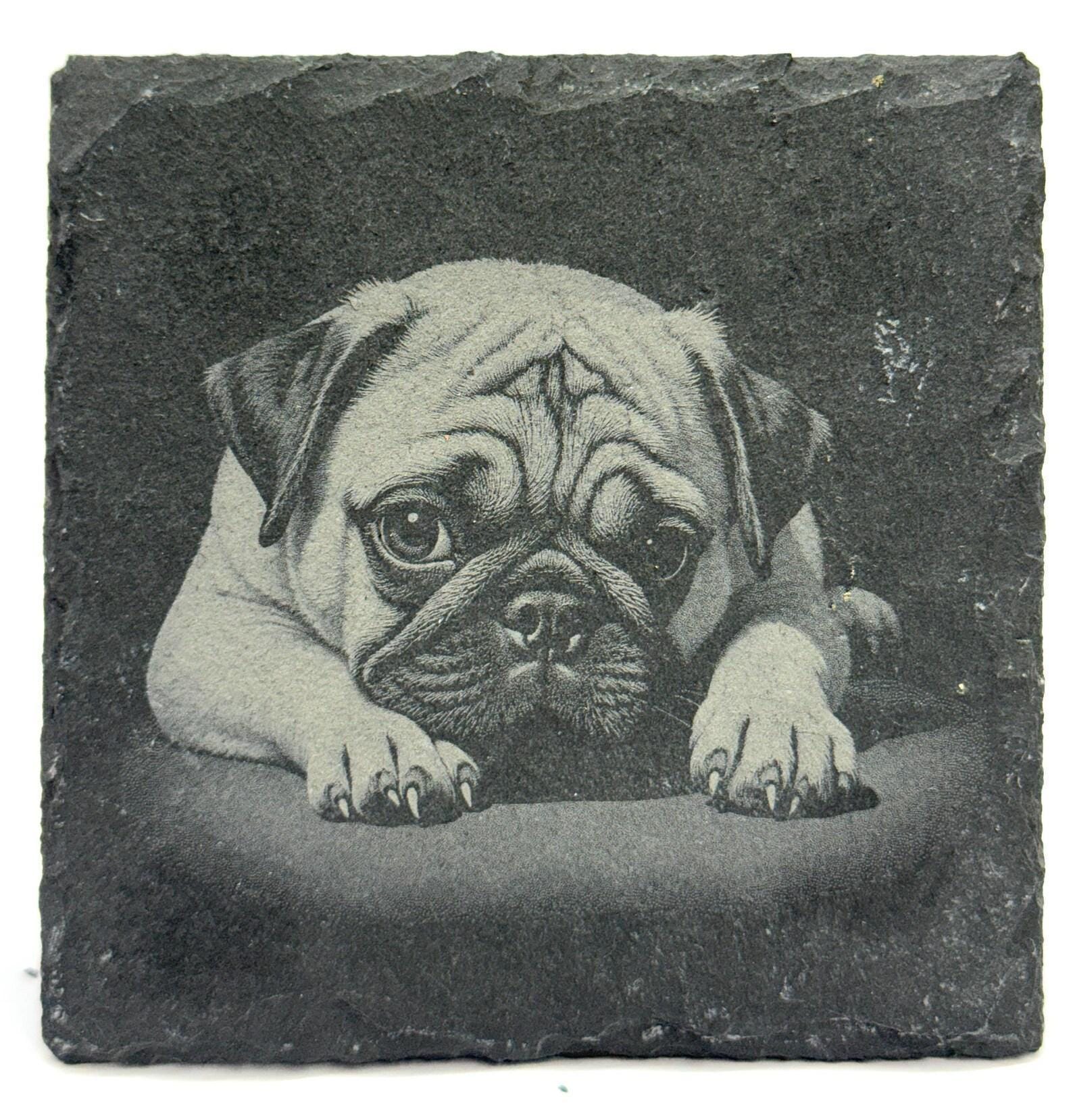Pug Portrait Slate Coaster – Classic Black Stone Dog Art