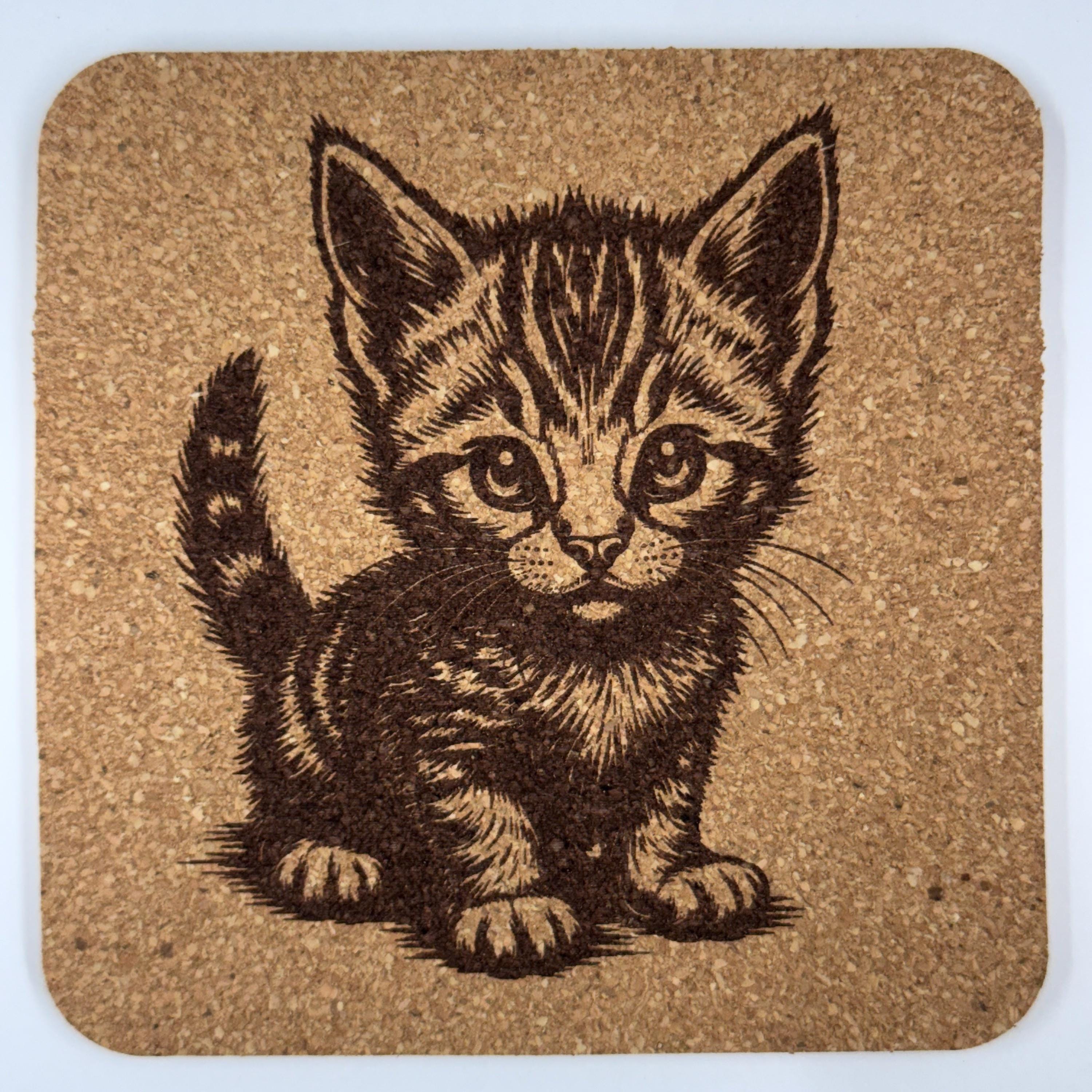 Playful Kitten Illustration – Engraved Cork Coaster