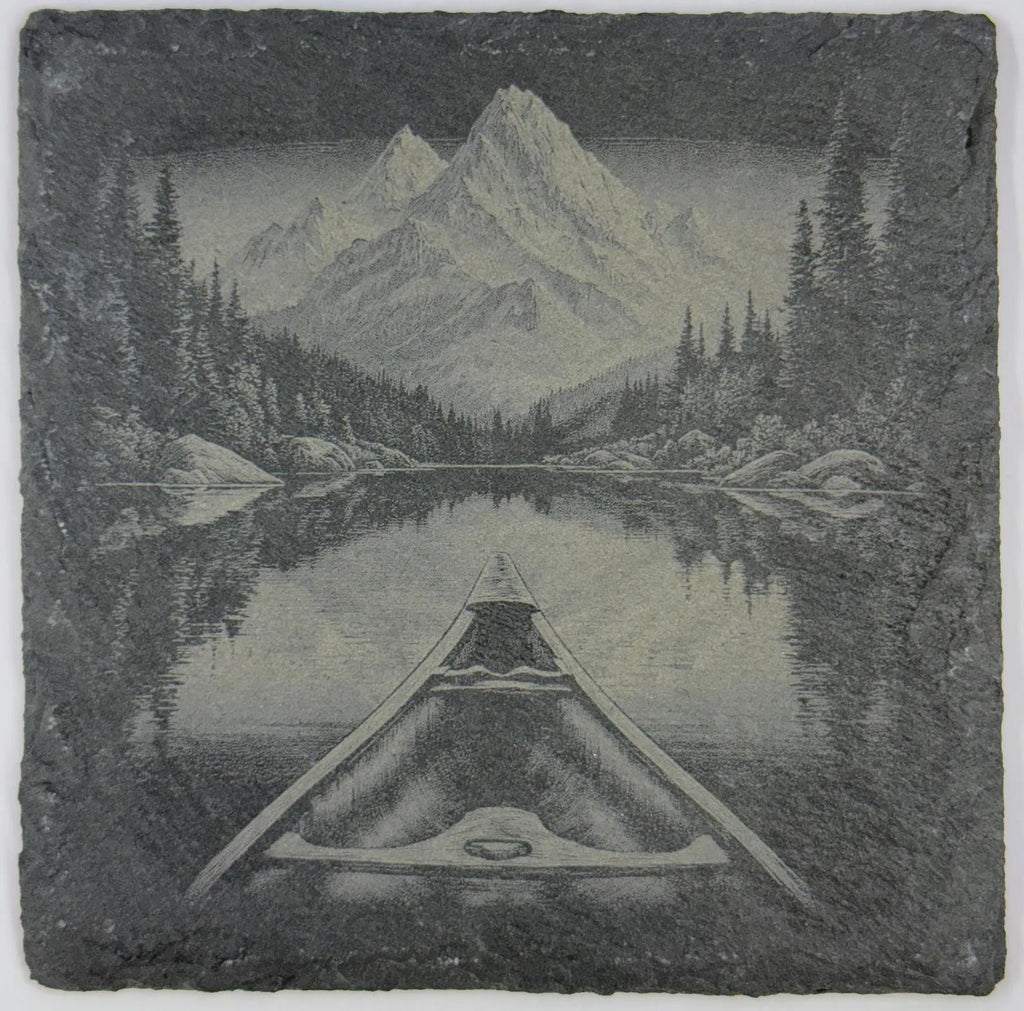 Mountain Lake Canoe Slate Coaster – Alpine Reflection Night Scene