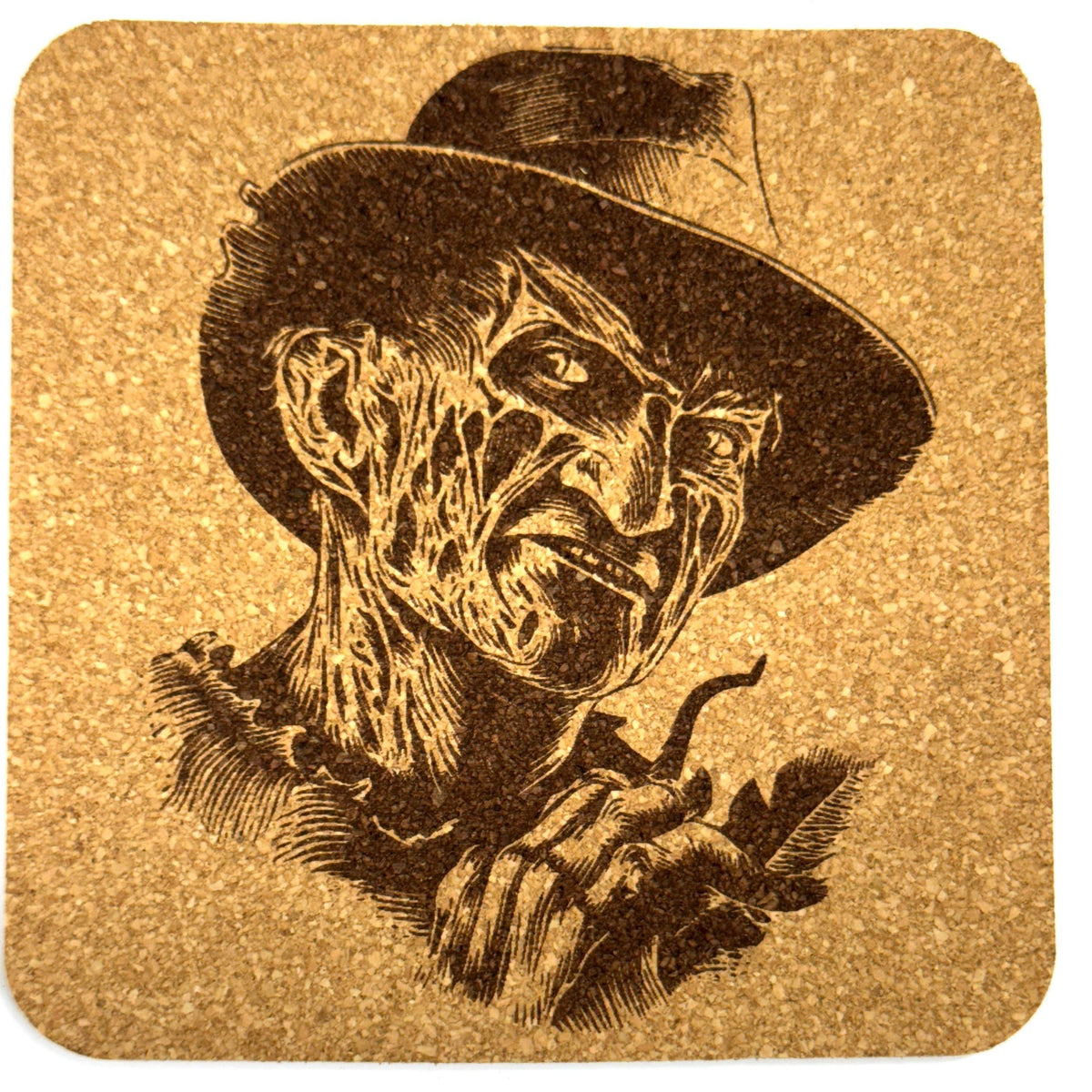 Burned Slasher Nightmare Inspired Horror Cork Drink Coaster – Spooky Bar Decor Gift