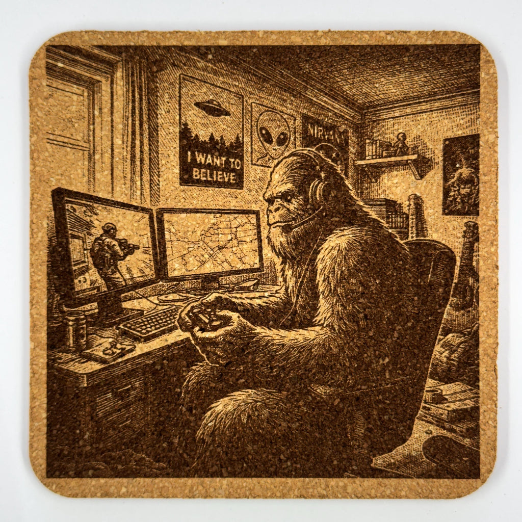 Bigfoot Gaming Cork Coaster – Sasquatch at the Computer