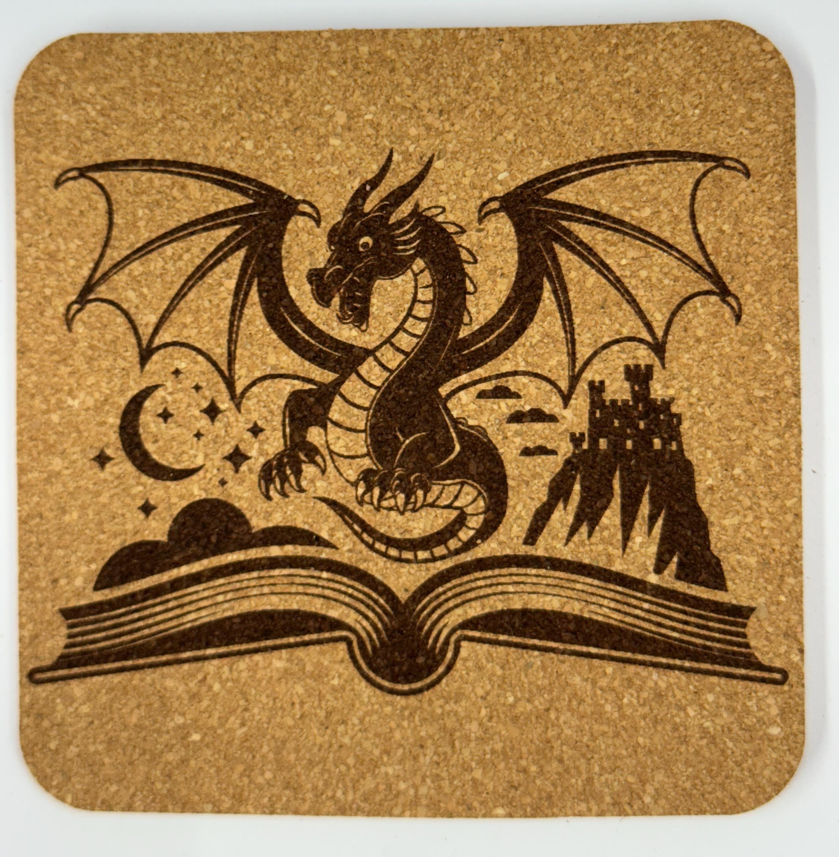 Whimsical Dragon Reading a Magic Book – Fantasy Cork Coaster