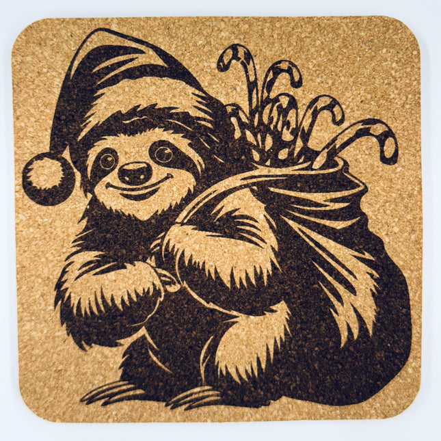 Christmas Sloth Cork Coaster – Santa Sloth with Gift Sack