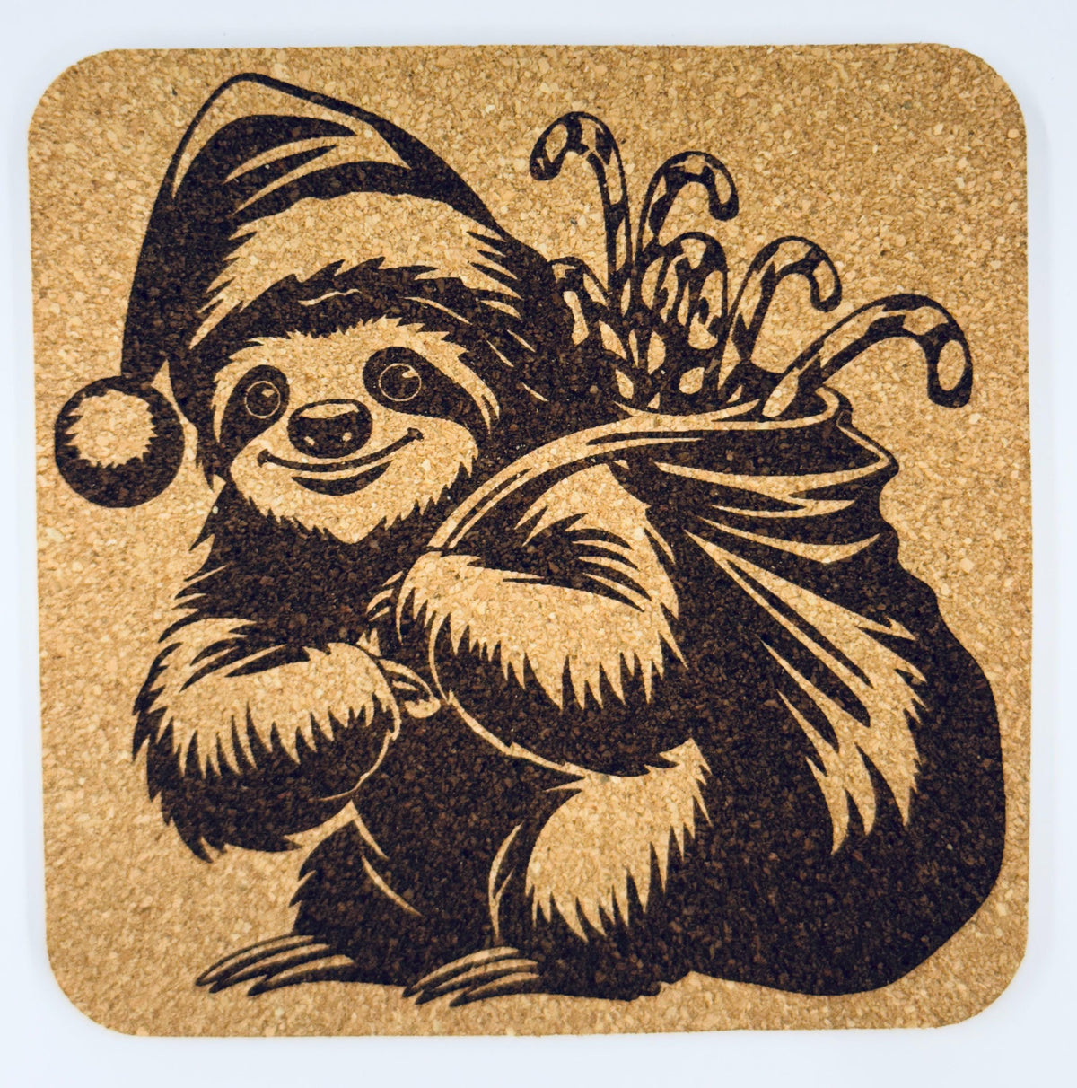Christmas Sloth Cork Coaster – Santa Sloth with Gift Sack