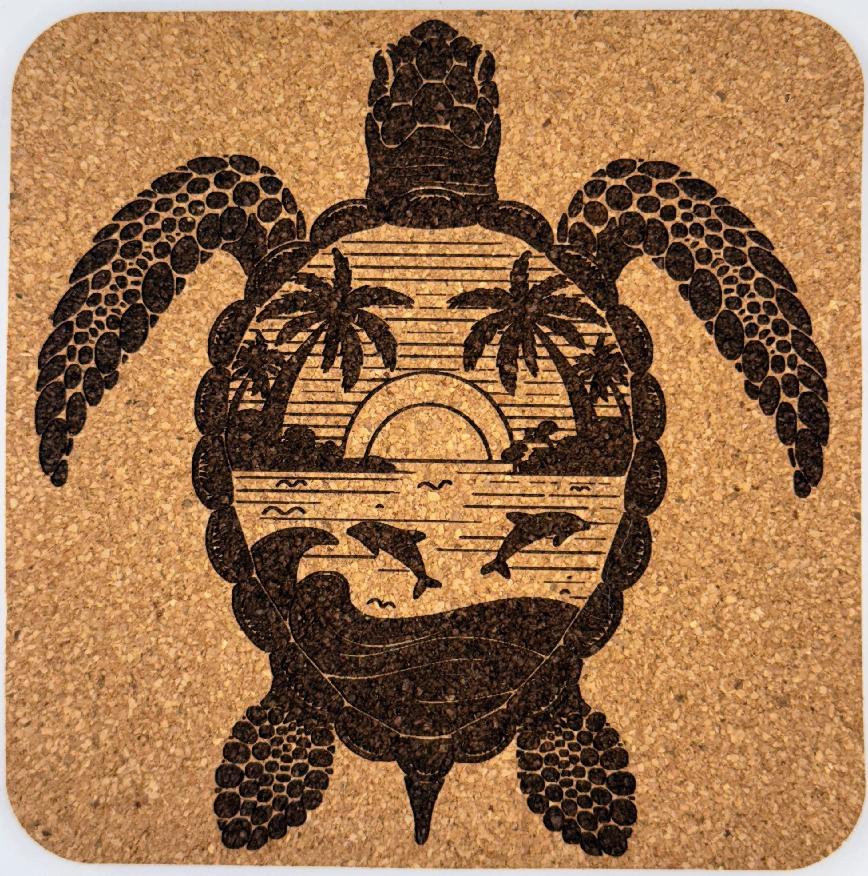 Island Sunset Sea Turtle Square Cork Coaster – Coastal Ocean Art