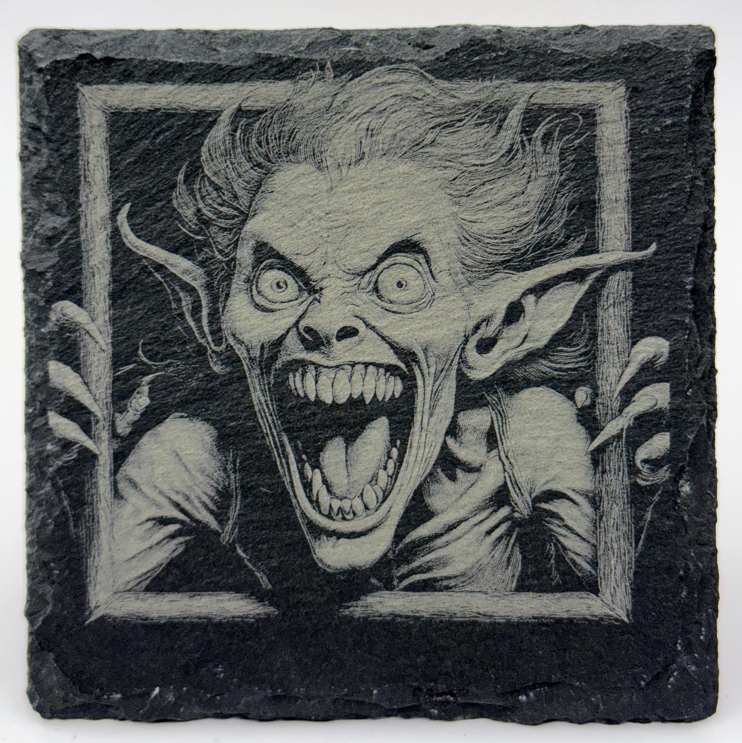 Howling Gremlin Slate Coaster – Spooky Horror Illustration