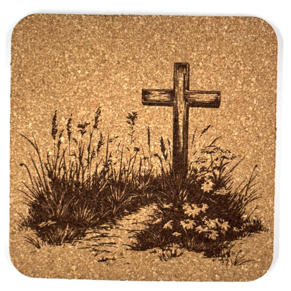 Rustic Wildflower Path Cross Laser Engraved Cork Coaster