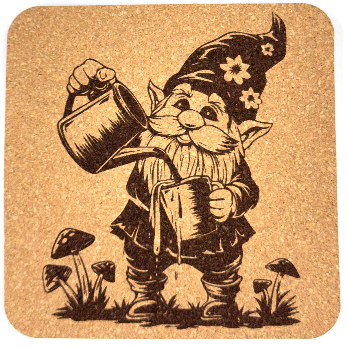 Coffee Gnome with Mushrooms – Engraved Cork Coaster