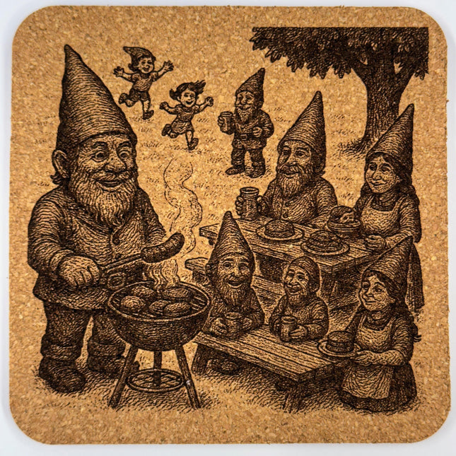 Gnome Barbecue Cork Coaster – Whimsical Gnome Picnic Scene