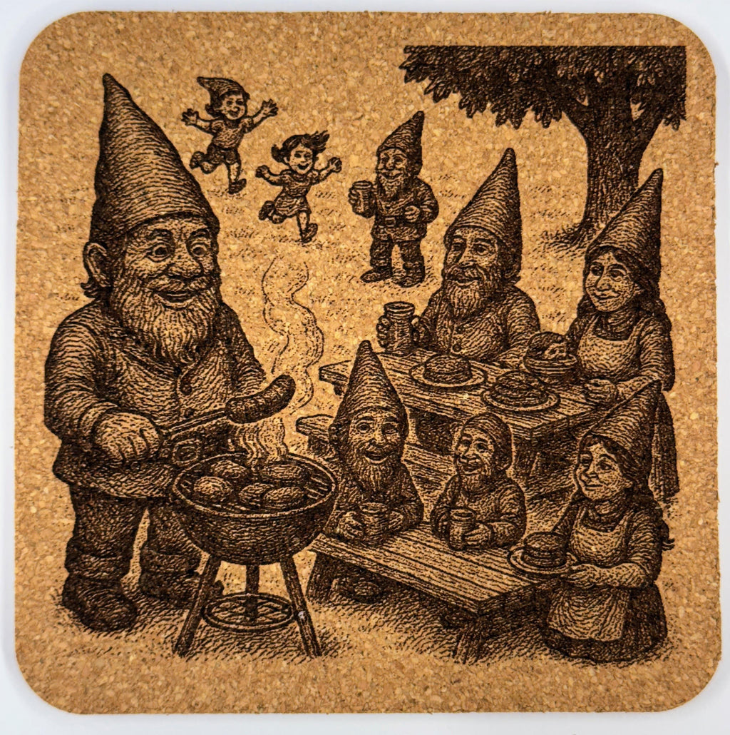 Gnome Barbecue Cork Coaster – Whimsical Gnome Picnic Scene