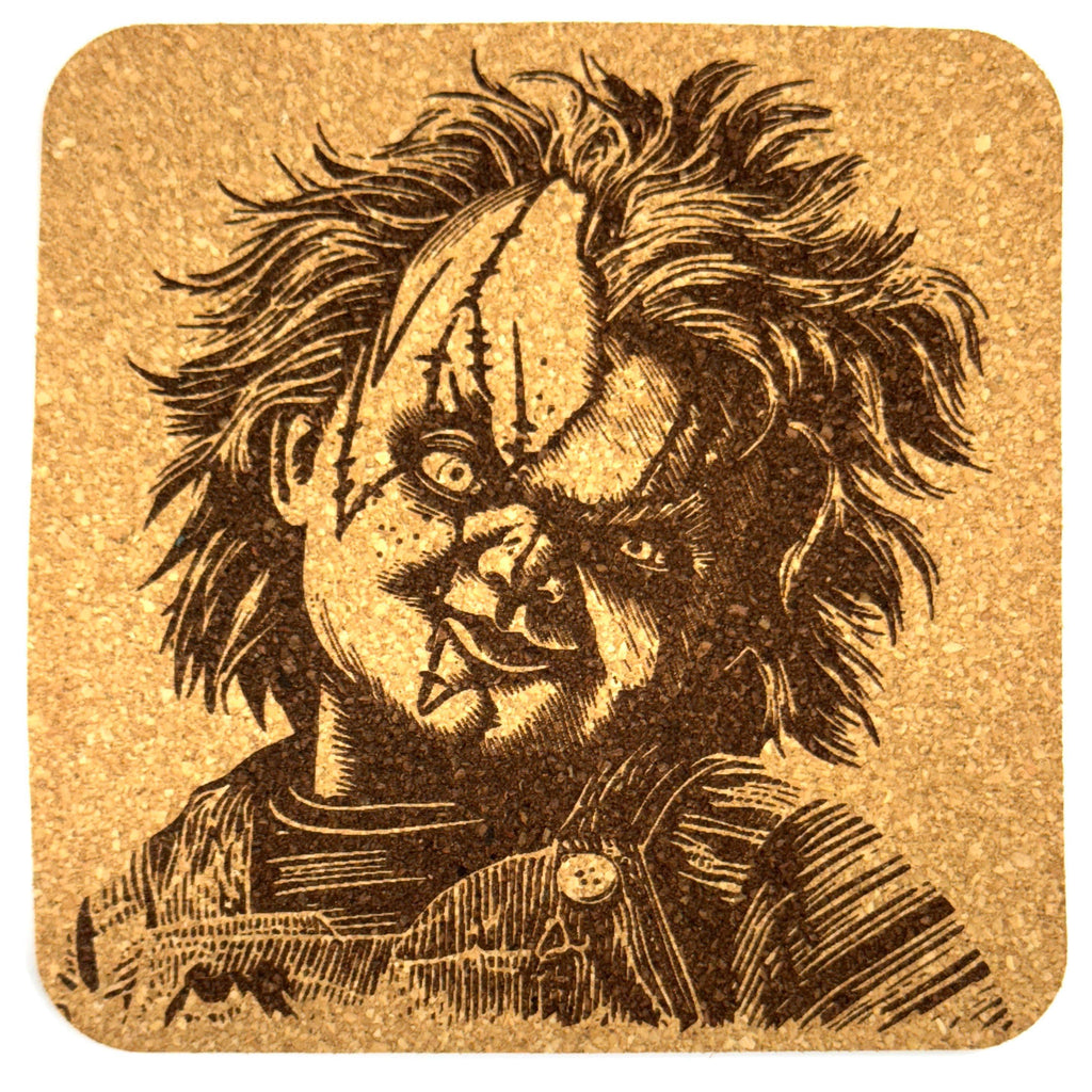 Creepy Doll Horror Movie Inspired Cork Coaster – Spooky Gothic Bar Decor