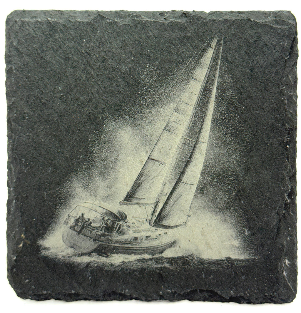 Racing Sailboat Cutting Through Waves – Laser Engraved Slate Coaster