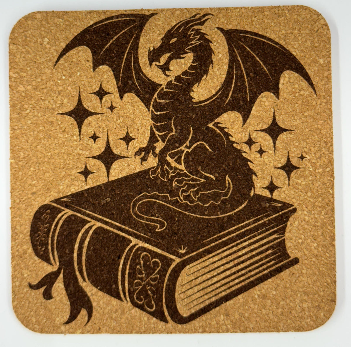 Dragon Perched on Ancient Book – Fantasy Cork Coaster