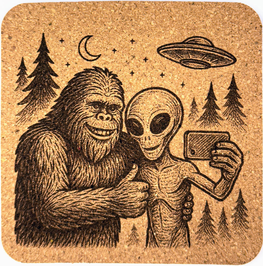 Bigfoot and Alien Selfie – Funny Cork Coaster