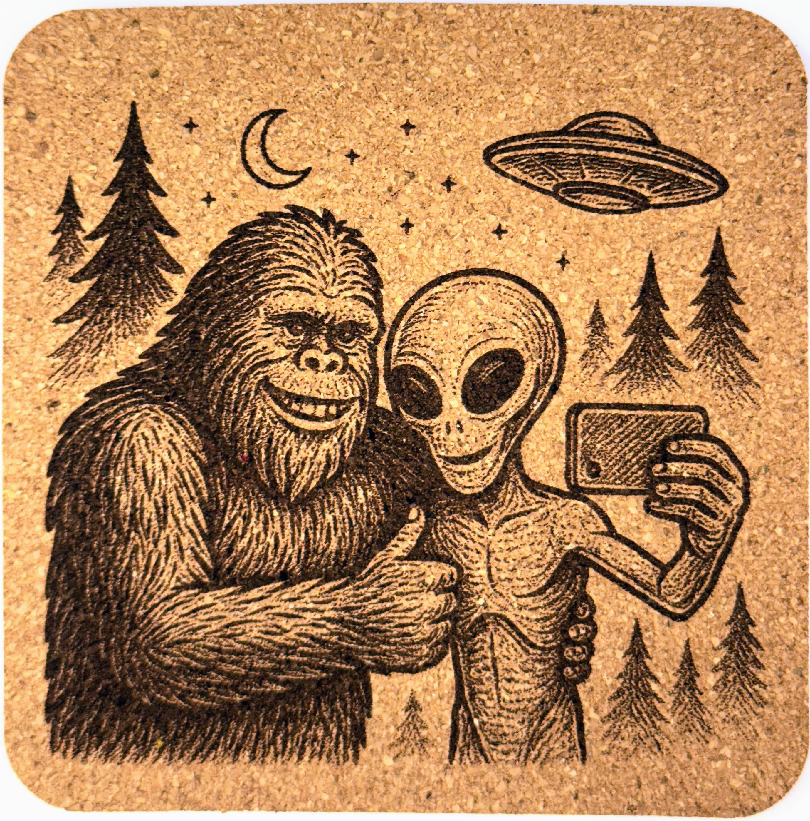 Bigfoot and Alien Selfie – Funny Cork Coaster