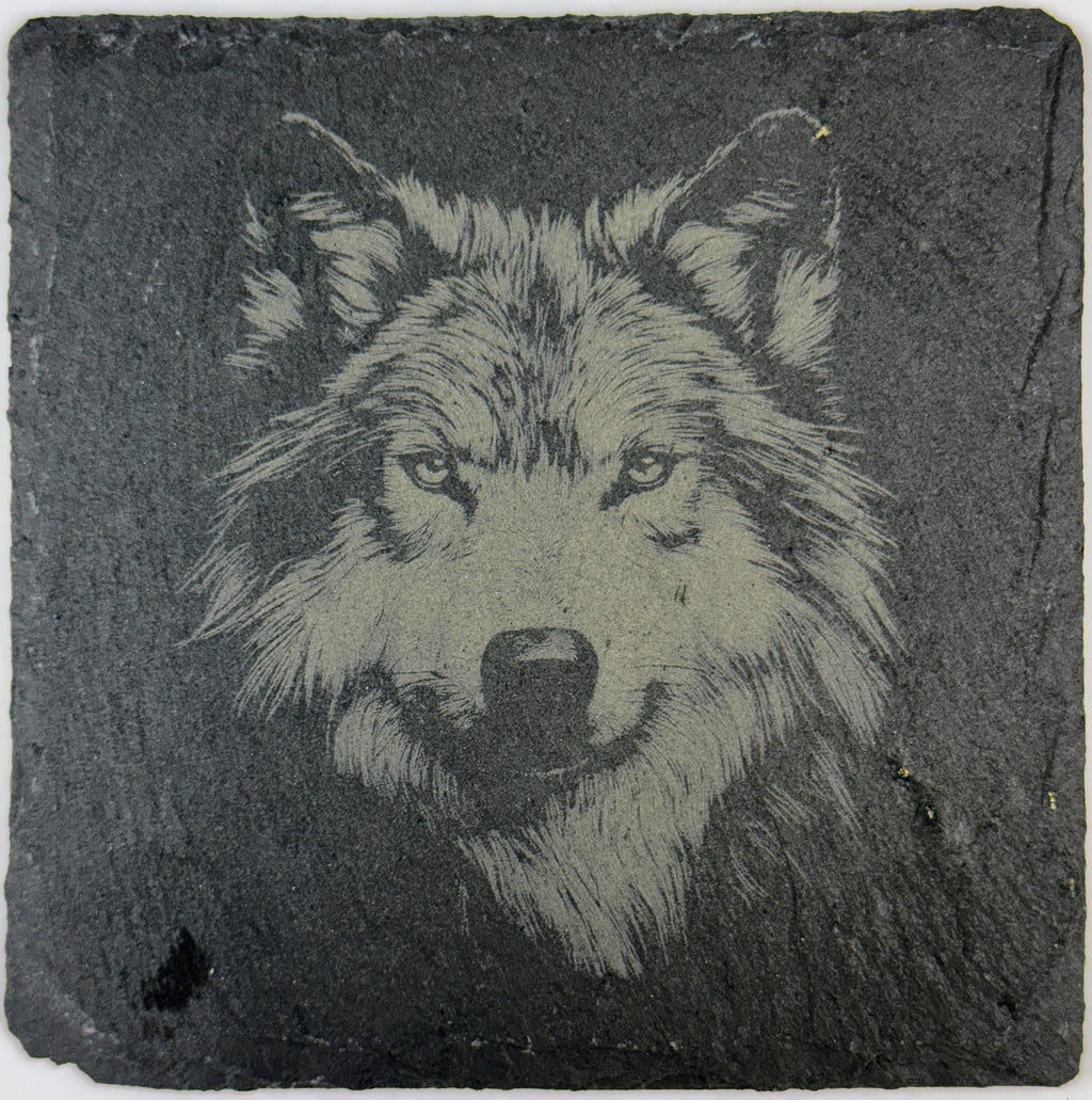 Quiet Wolf Slate Coaster – Majestic Wildlife Engraved Stone