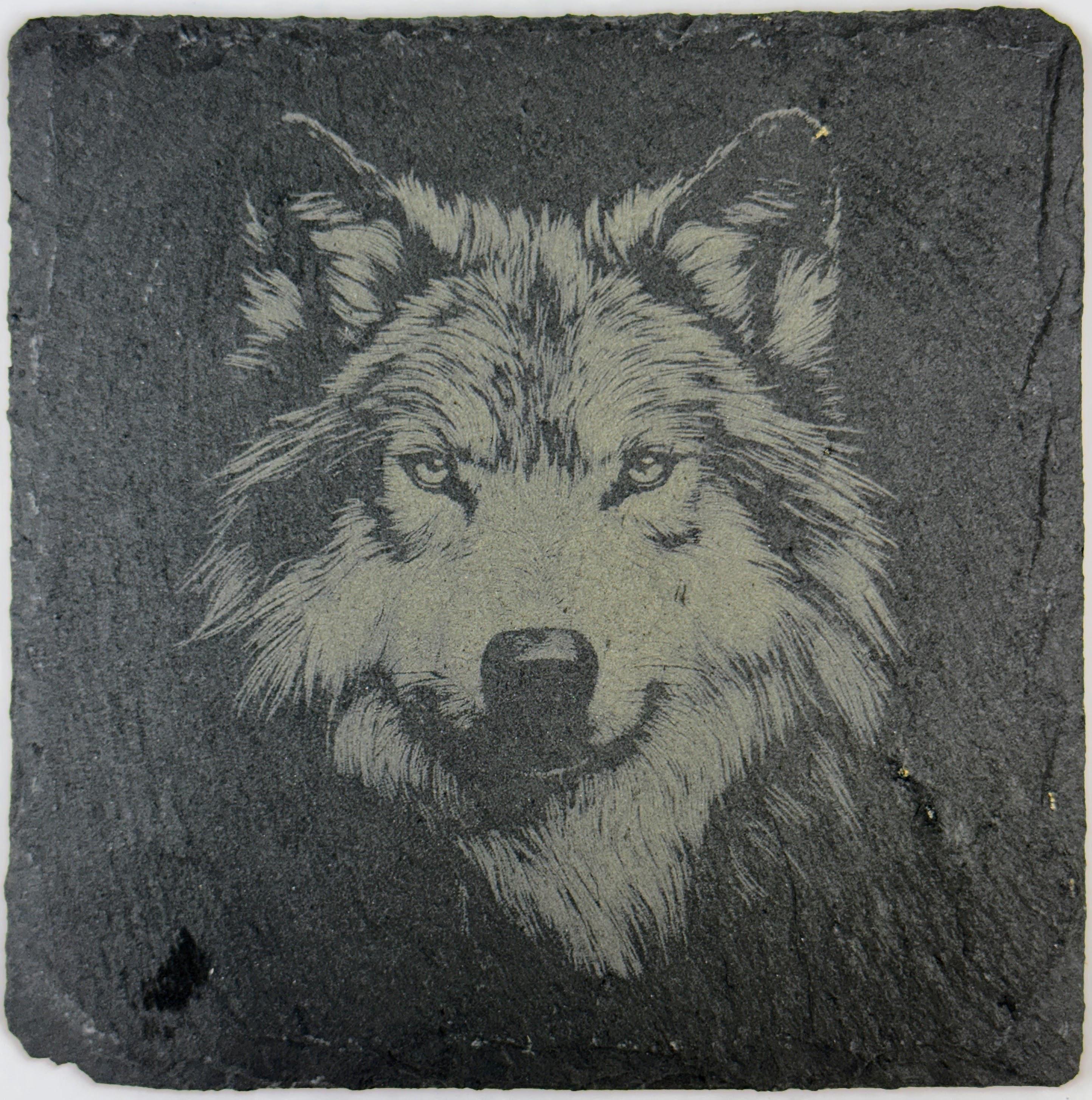 Quiet Wolf Slate Coaster – Majestic Wildlife Engraved Stone