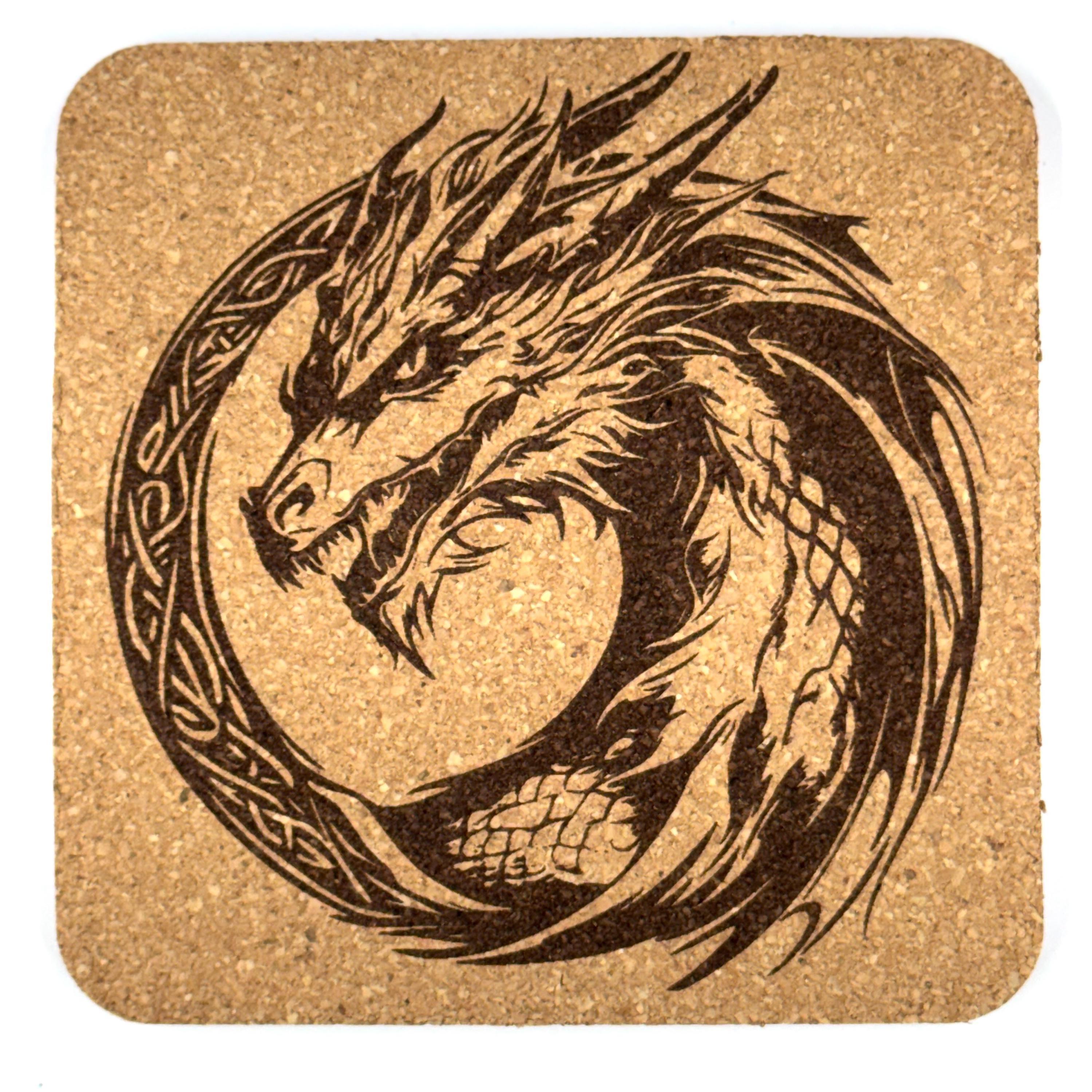 Celtic Circle Dragon Square Cork Coaster – Ancient Fantasy Art