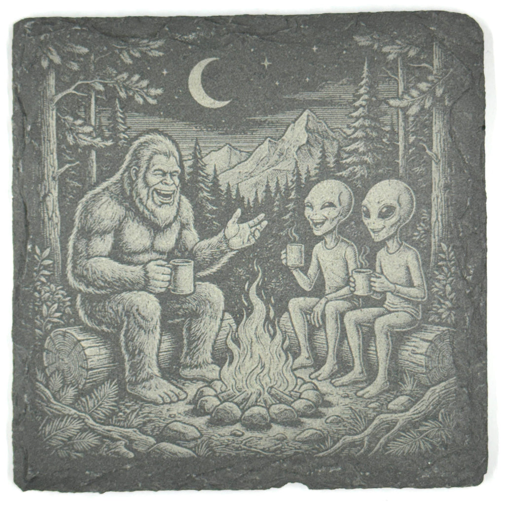 Bigfoot and Aliens around the Campfire – Pacific Northwest Slate Coaster