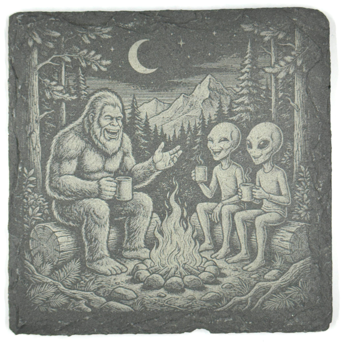 Bigfoot and Aliens around the Campfire – Pacific Northwest Slate Coaster