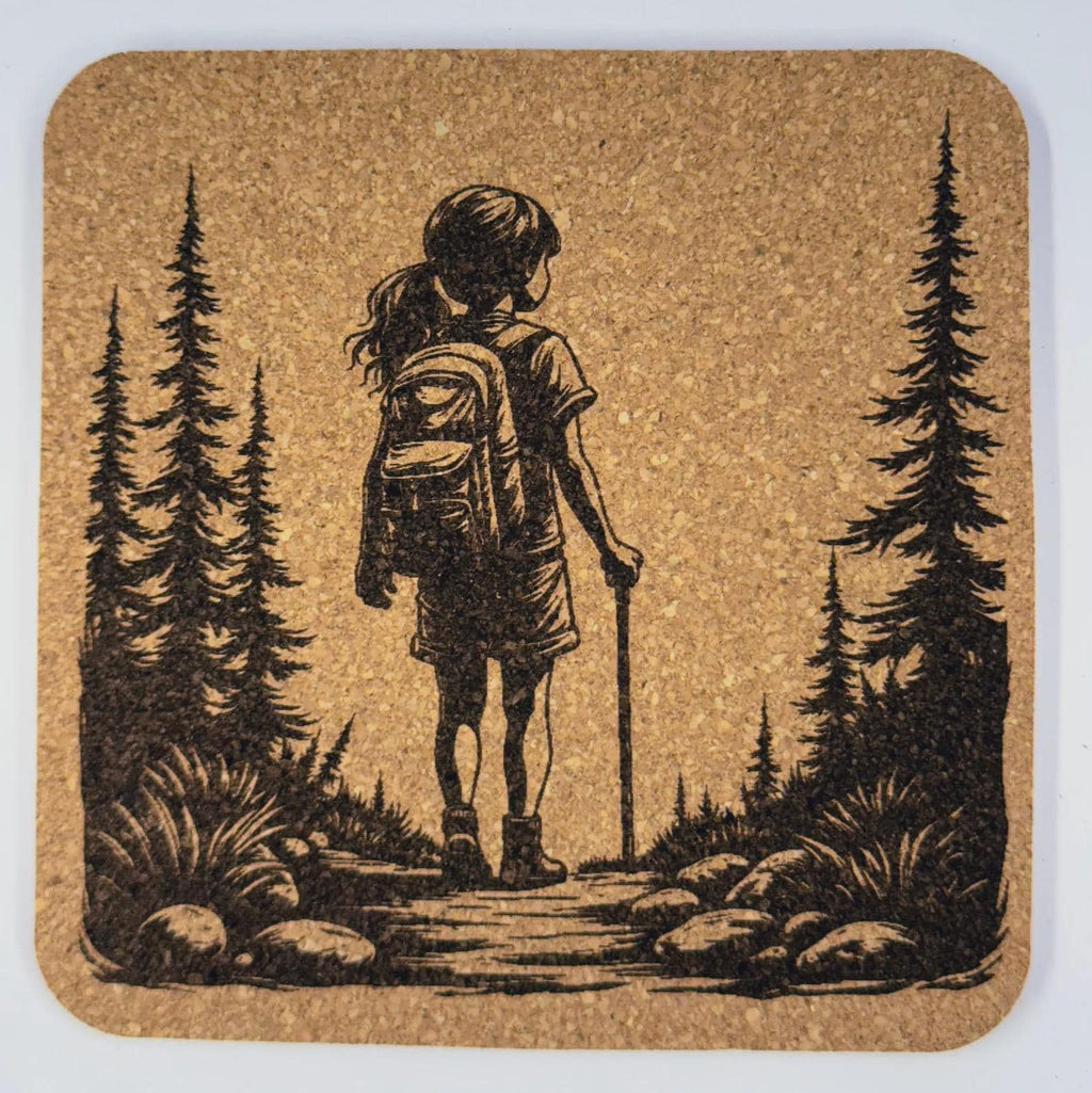 Young Hiker on Forest Trail Cork Coaster – Childhood Adventure Art