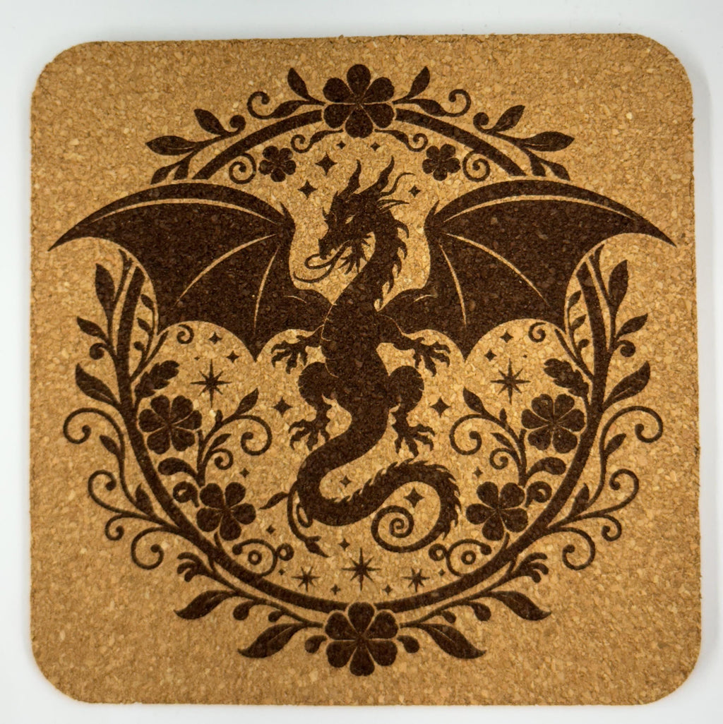 Elegant Dragon in Floral Wreath – Fantasy Cork Coaster