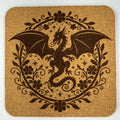 Elegant Dragon in Floral Wreath – Fantasy Cork Coaster