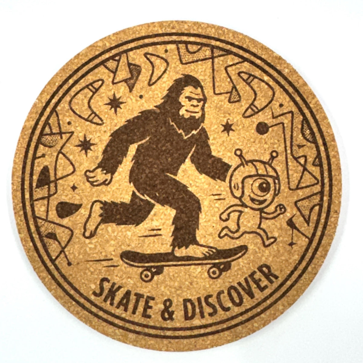 Skateboarding Bigfoot Coaster, Funny Sasquatch Skate Engraved Cork Coaster