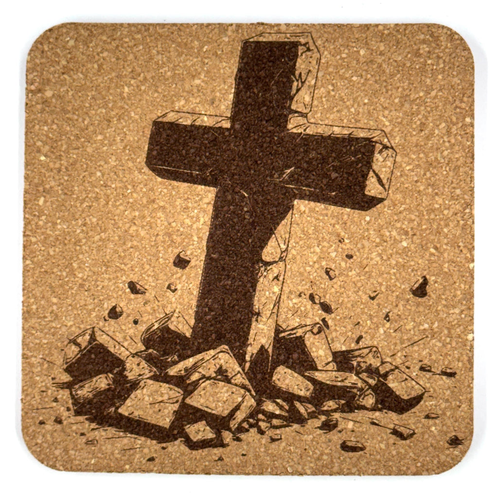 Broken Stone Cross Laser Engraved Cork Coaster