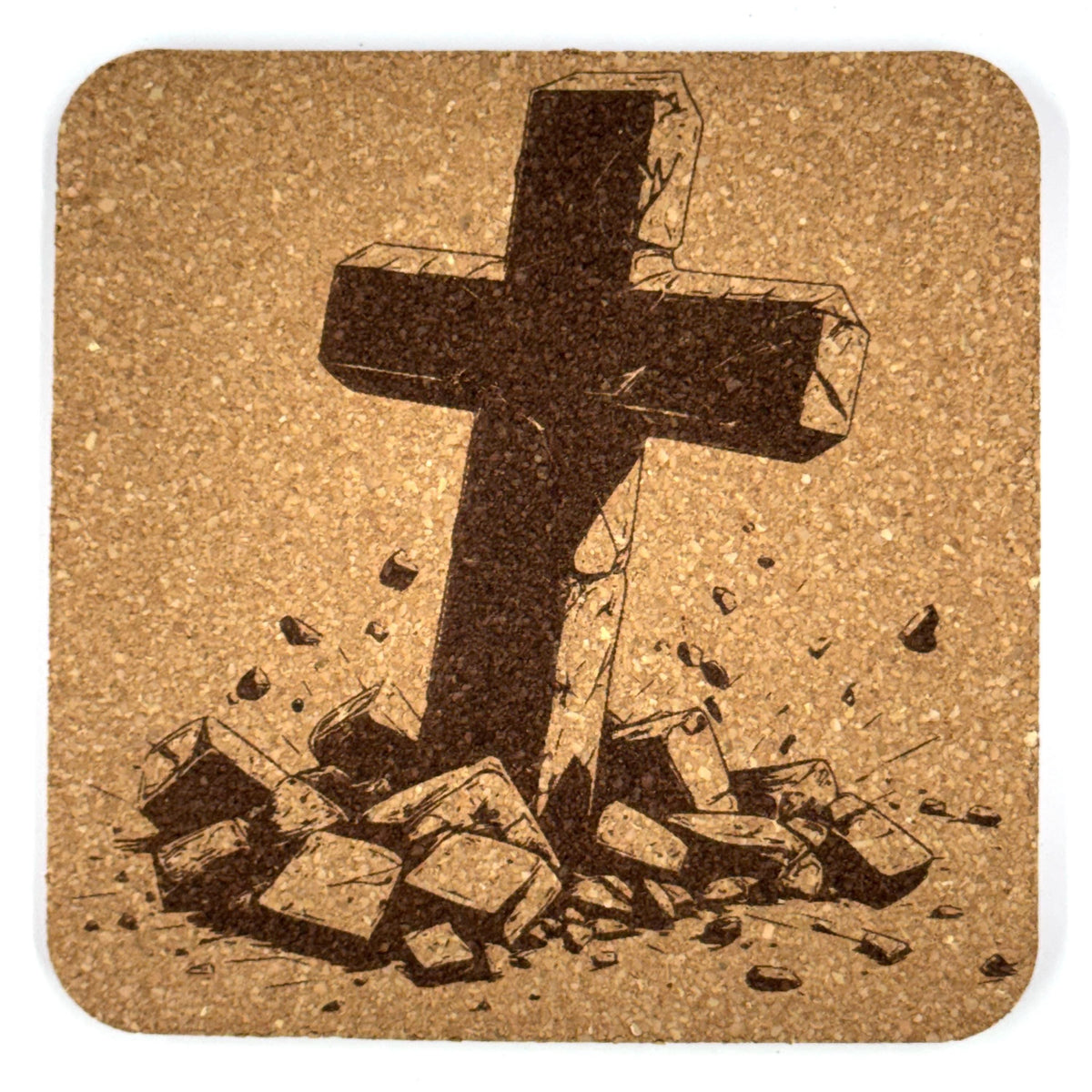 Broken Stone Cross Laser Engraved Cork Coaster