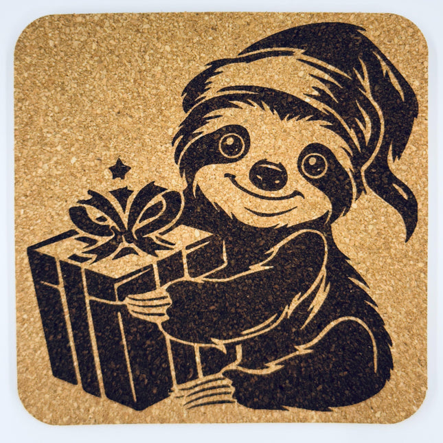 Christmas Sloth Cork Coaster – Cute Sloth with Holiday Gift
