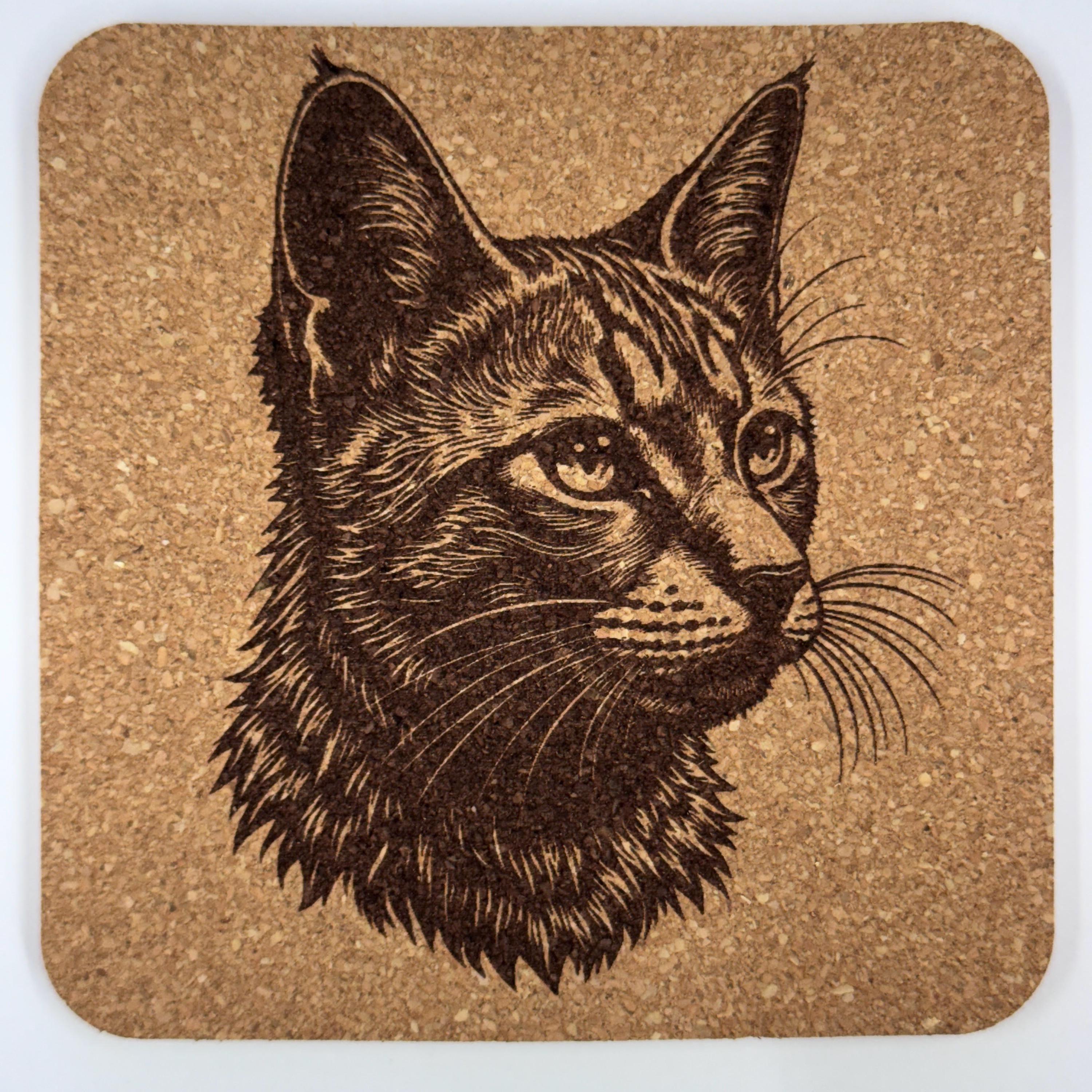 Detailed Cat Head Study – Engraved Cork Coaster