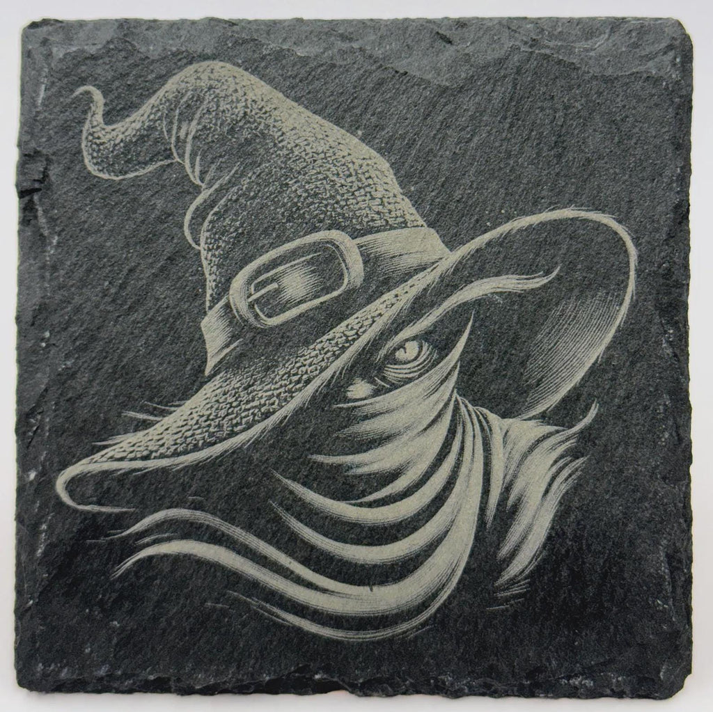 Witch Portrait in Shadow – Laser Engraved Slate Coaster