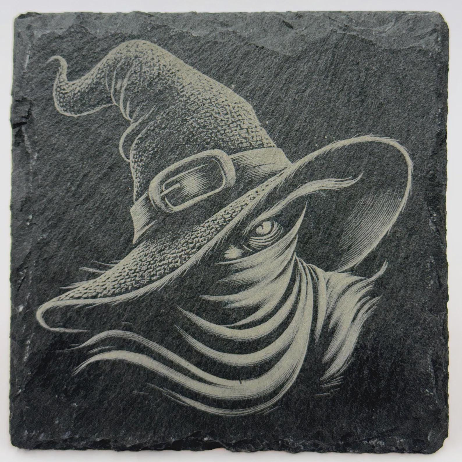 Witch Portrait in Shadow – Laser Engraved Slate Coaster