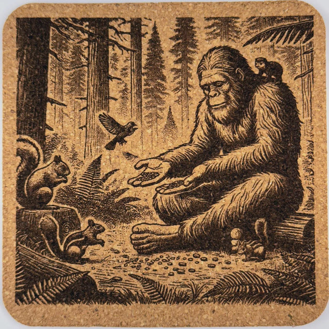 Bigfoot Forest Friends Cork Coaster – Peaceful Sasquatch Nature Scene